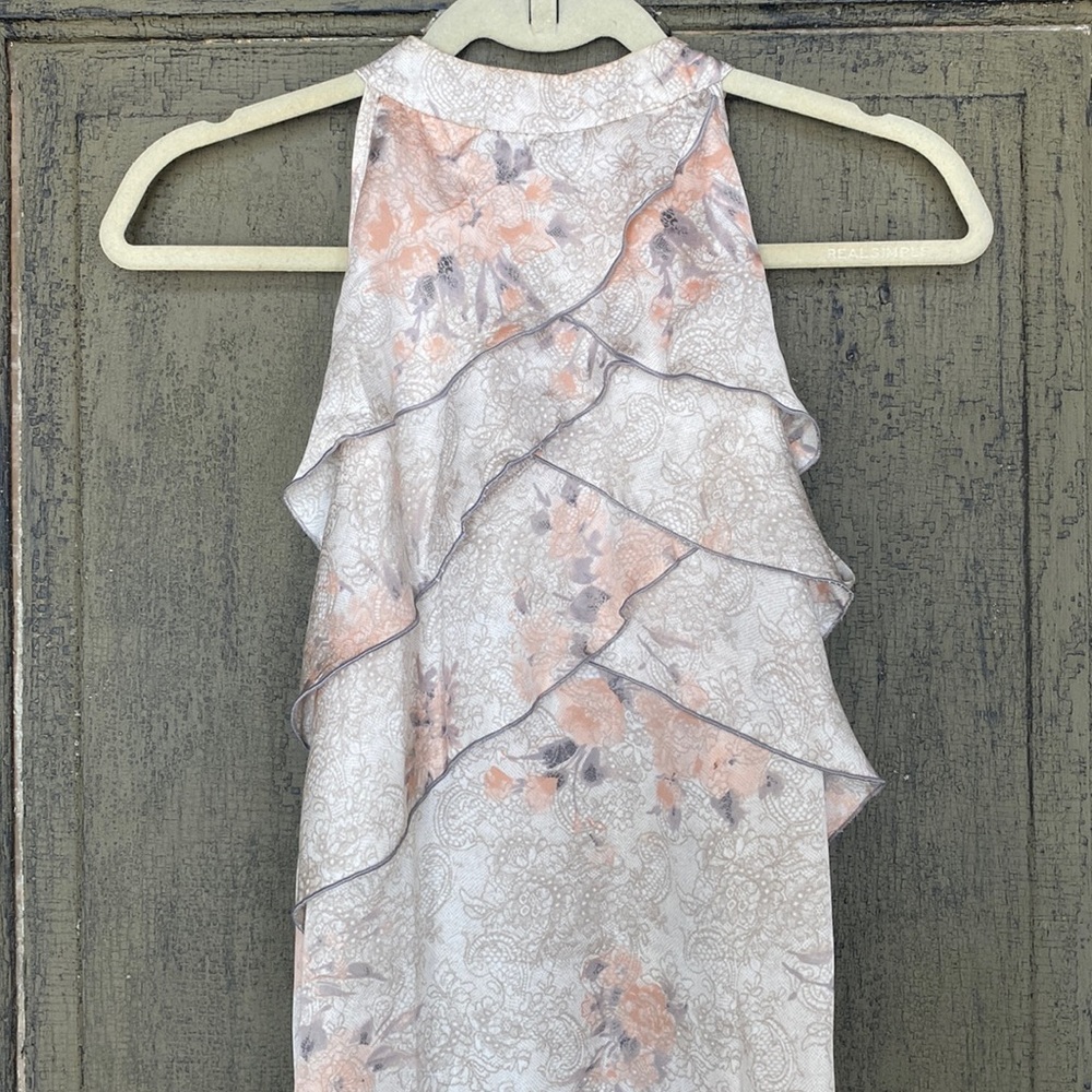Professional Grey/Peach blouse with halter neckline and cascading ruffled chest